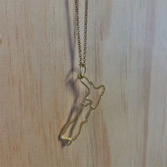 This one is for all, wear it proudly at home or away.   Not too shiny with a soft finished matched with at 50cm gold stainless chain.   Zinc alloy, electroplated soft matte gold.  Map size 60 mm (L) x 12-25 mm (W) Limited run of these made before lockdown, originally designed in 2007 as part of Tania Tupu's 'Return to Paradise' sterling silver collection. Made with Aroha in Aotearoa