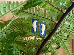 Single rectangle Tui drop size of 25 mm x 10 mm Wearable 3-dimensional NZ artwork on sterling silver hooks. A choice of Navy blue/cream or Cream /Black drop colorways.